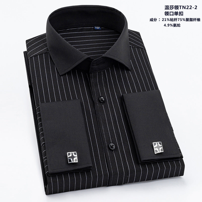 Men's French Cufflinks Shirt Business Formal Dress Sleeve Studs Solid Color Non-ironing Double Stacked Sleeve Hidden Button Shirt Slim-fit Korean Style