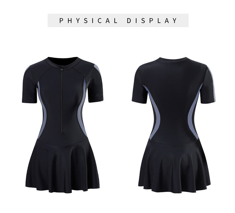 2025 New Swimsuit Women's Summer One-Piece Skirt Covering Belly, Slimming, Conservative Long-Sleeved Student Sports Swimwear Super Fairy