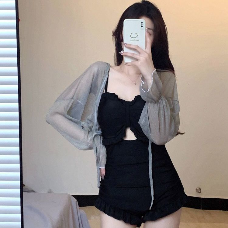 Swimsuit Women's One-Piece Sexy 2025 New Korean Ins Swimsuit Conservative Belly-Covering Slimming Look Small Breasts Fairy Gathered Summer