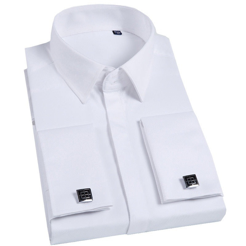 Men's French Cufflinks Shirt Business Formal Dress Sleeve Studs Solid Color Non-ironing Double Stacked Sleeve Hidden Button Shirt Slim-fit Korean Style
