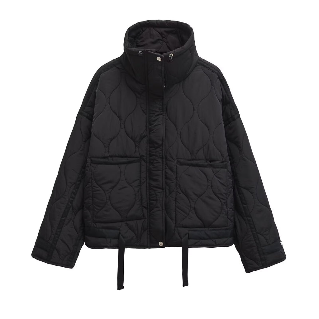 Cross-border European and American Women's AliExpress Explosions Stand Collar Corrugated Cotton-padded Jacket Cuff Drawstring Loose Jacket