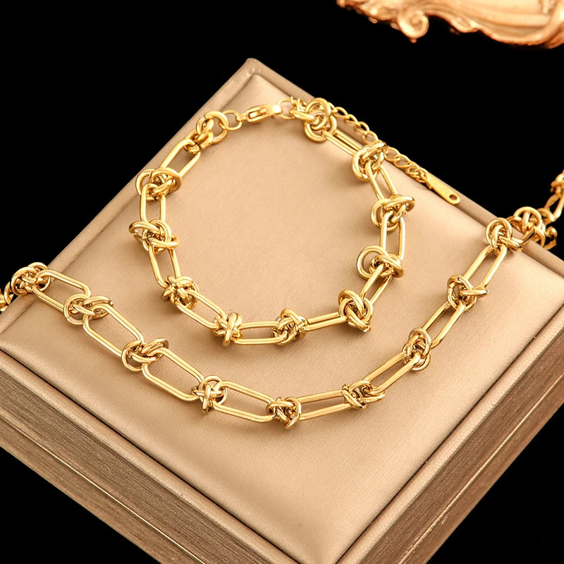 GANEMLY 316L Stainless Steel Geometric Chains Necklace Bracelet Set For Women Fashion Gold Color Waterproof Jewelry Set Collar