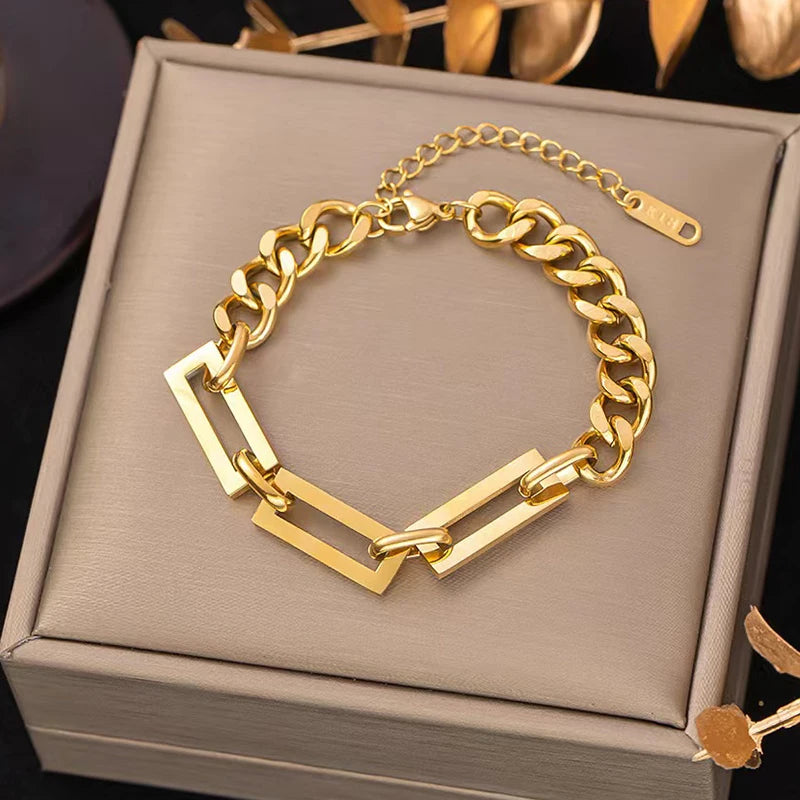 GANEMLY 316L Stainless Steel Geometric Chains Necklace Bracelet Set For Women Fashion Gold Color Waterproof Jewelry Set Collar