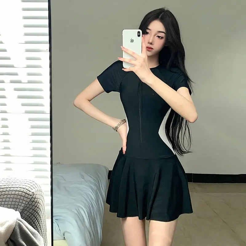 2026 Women's Sexy One-Piece Sporty Simple Modest Slim Fit Skirted Swimsuit Spa Beach Vacation Swimwear