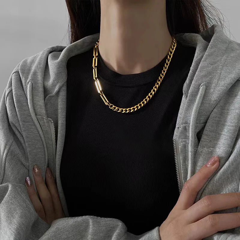 GANEMLY 316L Stainless Steel Geometric Chains Necklace Bracelet Set For Women Fashion Gold Color Waterproof Jewelry Set Collar