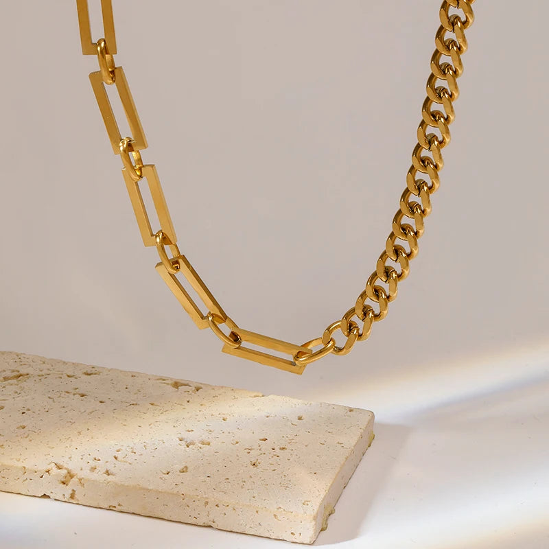 GANEMLY 316L Stainless Steel Geometric Chains Necklace Bracelet Set For Women Fashion Gold Color Waterproof Jewelry Set Collar