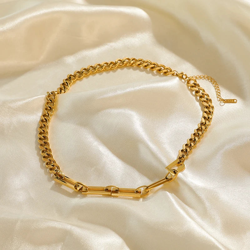 GANEMLY 316L Stainless Steel Geometric Chains Necklace Bracelet Set For Women Fashion Gold Color Waterproof Jewelry Set Collar