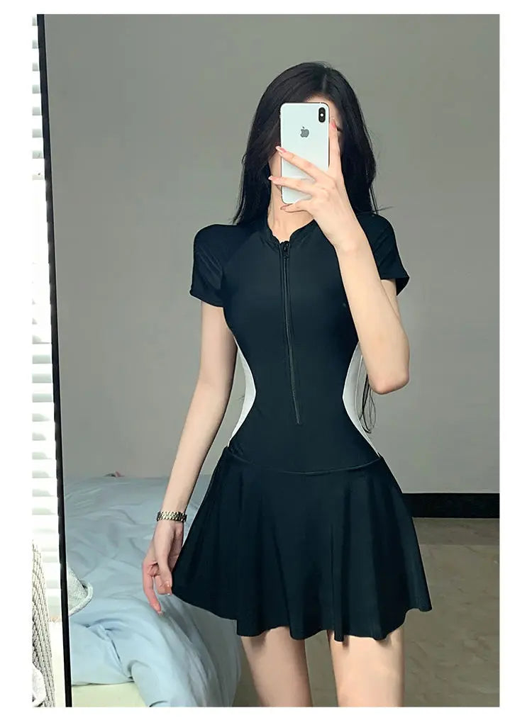 2026 Women's Sexy One-Piece Sporty Simple Modest Slim Fit Skirted Swimsuit Spa Beach Vacation Swimwear