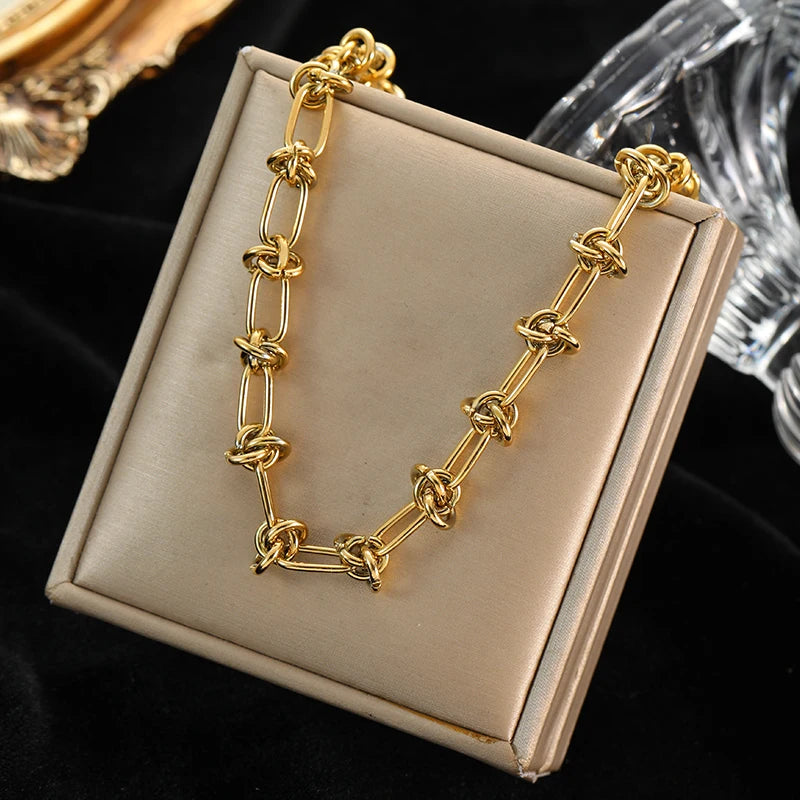 GANEMLY 316L Stainless Steel Geometric Chains Necklace Bracelet Set For Women Fashion Gold Color Waterproof Jewelry Set Collar