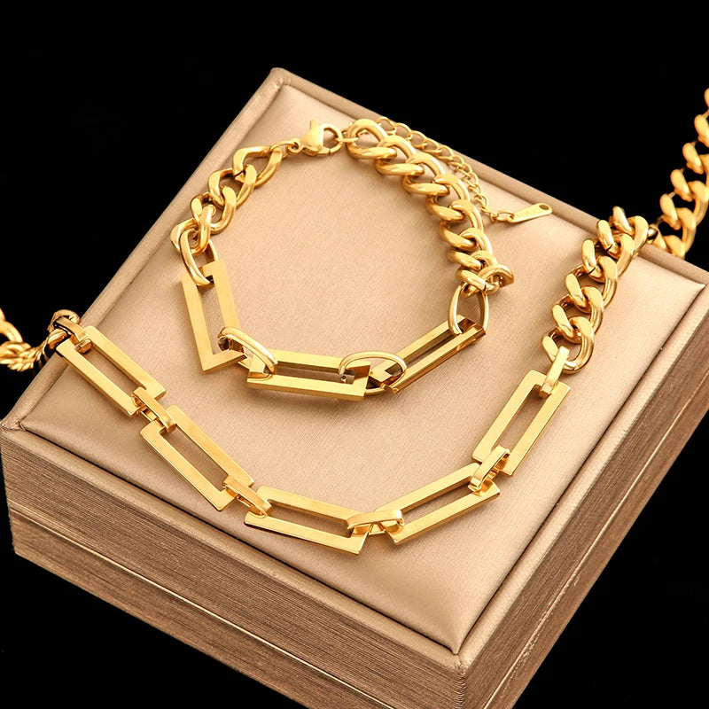 GANEMLY 316L Stainless Steel Geometric Chains Necklace Bracelet Set For Women Fashion Gold Color Waterproof Jewelry Set Collar
