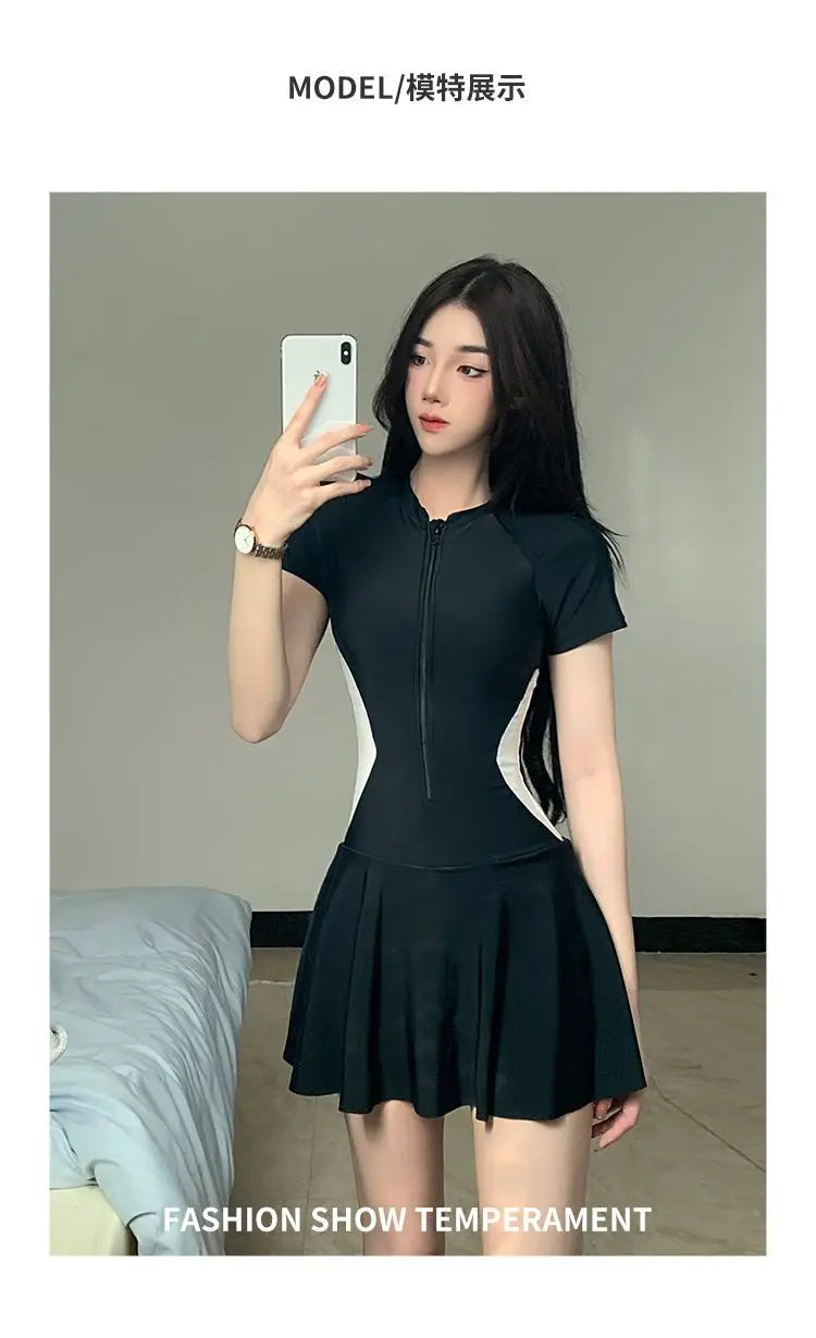 2026 Women's Sexy One-Piece Sporty Simple Modest Slim Fit Skirted Swimsuit Spa Beach Vacation Swimwear