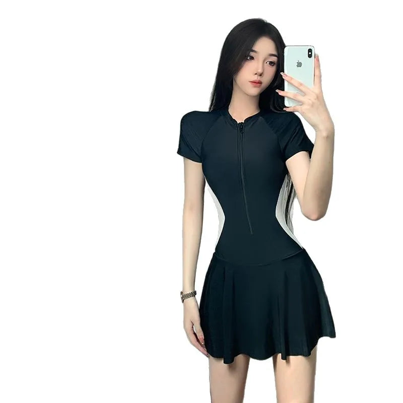2026 Women's Sexy One-Piece Sporty Simple Modest Slim Fit Skirted Swimsuit Spa Beach Vacation Swimwear
