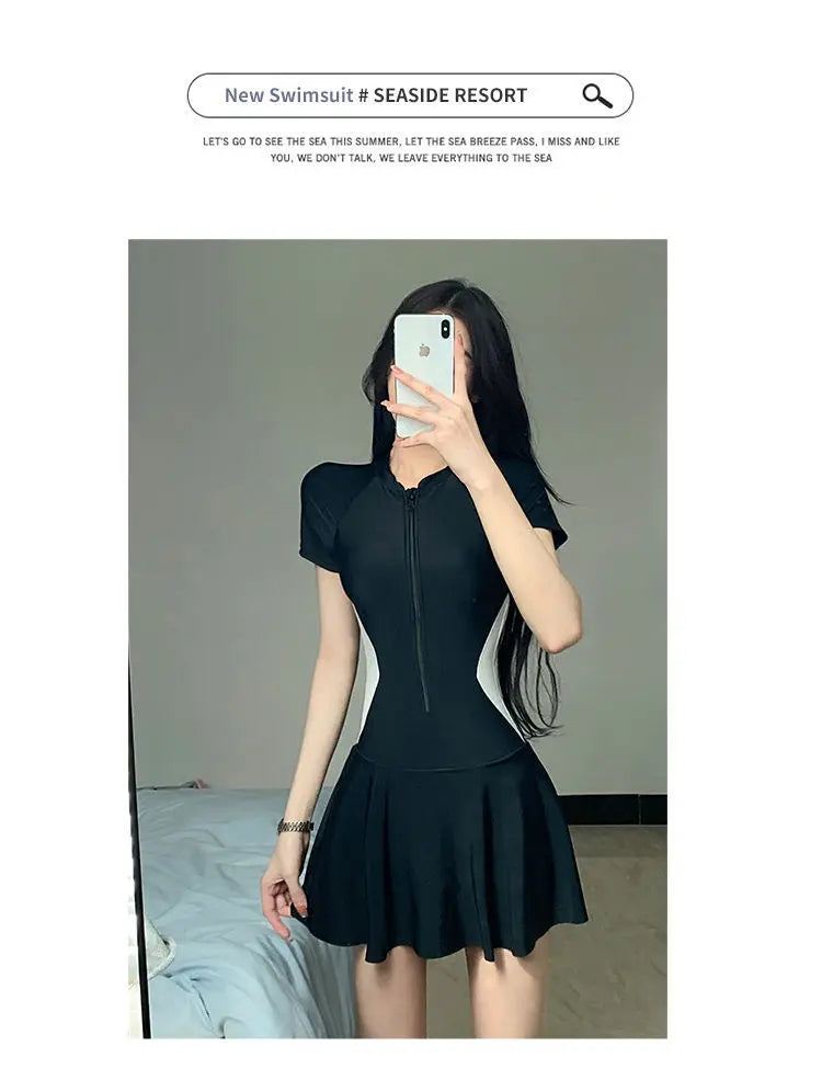 2026 Women's Sexy One-Piece Sporty Simple Modest Slim Fit Skirted Swimsuit Spa Beach Vacation Swimwear