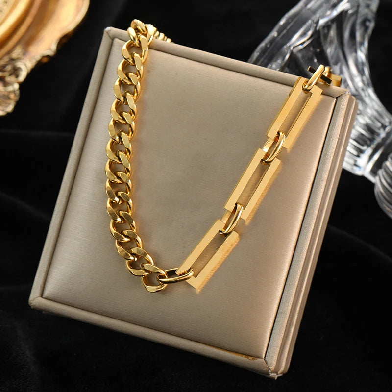 GANEMLY 316L Stainless Steel Geometric Chains Necklace Bracelet Set For Women Fashion Gold Color Waterproof Jewelry Set Collar