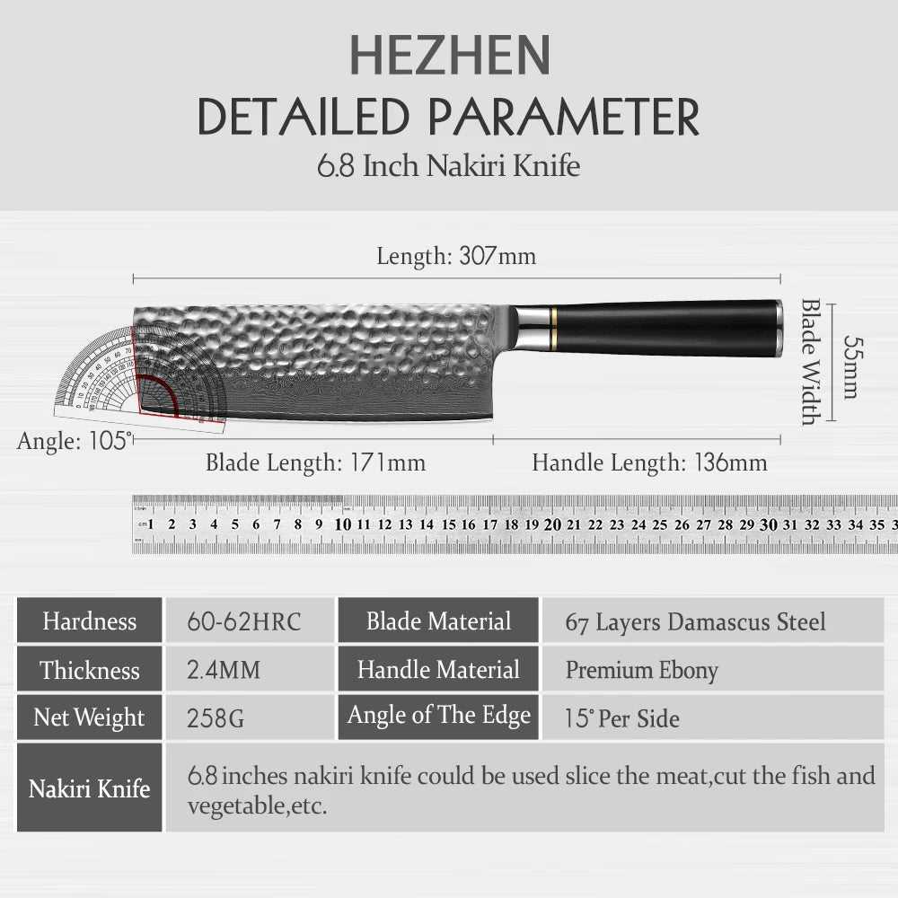 Kitchen Knife 6.8'' Nakiri Knife Japanese Damascus Steel Butcher Meat Cleaver Vegetable Knives Cooking Cutter Ebony Handle