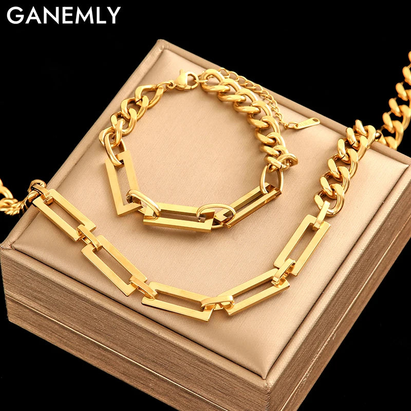 GANEMLY 316L Stainless Steel Geometric Chains Necklace Bracelet Set For Women Fashion Gold Color Waterproof Jewelry Set Collar