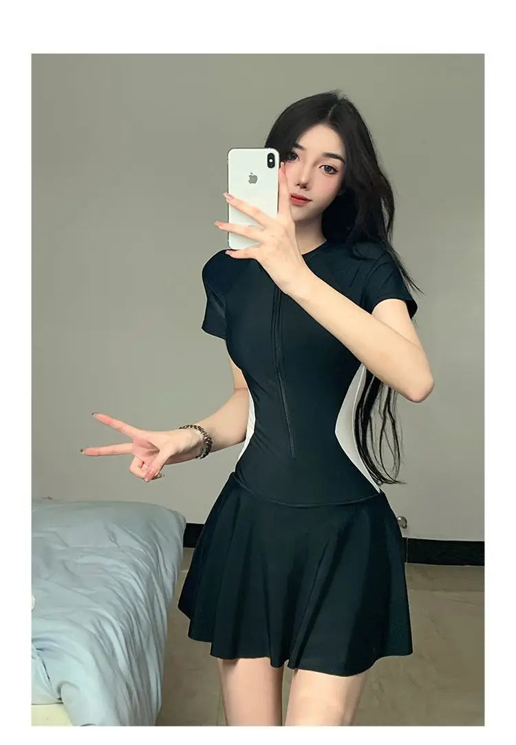 2026 Women's Sexy One-Piece Sporty Simple Modest Slim Fit Skirted Swimsuit Spa Beach Vacation Swimwear